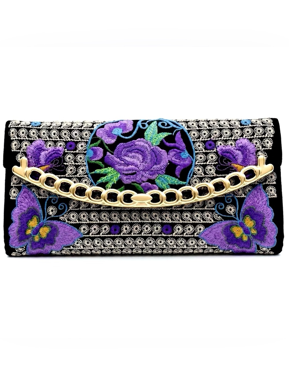 “Purple Embroidered Roses” Flower Butterfly Ethnic Asian Clutch Checkbook Wallet